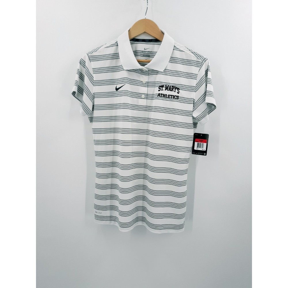 NWT Nike women's white/black stripe dri fit golf polo size L *custom logo*